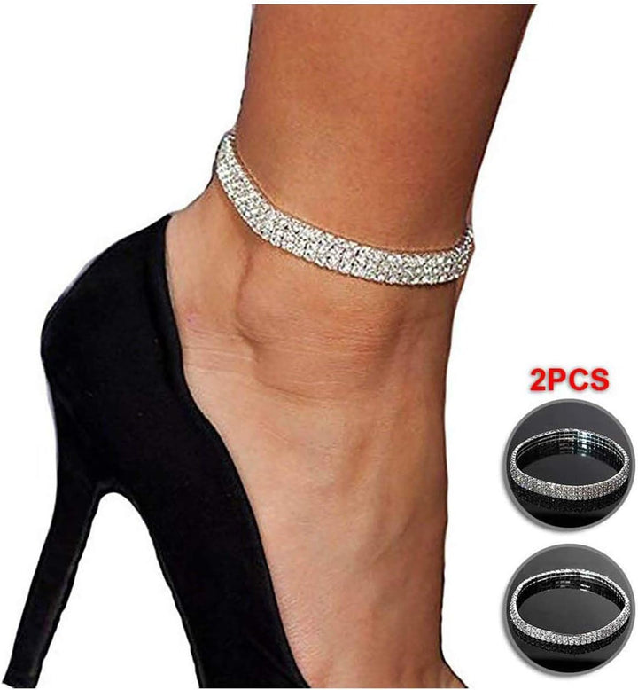 2PCS Twinkle Diamond Anklet Elastic Bling Shining Foot Jewelry Bracelet Bridal Summer Jewelry