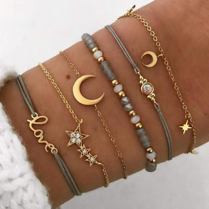 Star and Moon Personalized Pendant, Set of 6 Grey Bead Bracelets