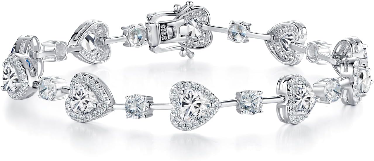 Sterling Silver Tennis Bracelet Birthstone Bracelets for Women, Fine Jewellery Heart Gemstone Birthstone Charm Birthday Anniversary Jewellery Gifts for Women Mothers, 18CM