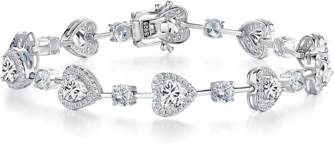 Sterling Silver Tennis Bracelet Birthstone Bracelets for Women, Fine Jewellery Heart Gemstone Birthstone Charm Birthday Anniversary Jewellery Gifts for Women Mothers, 18CM