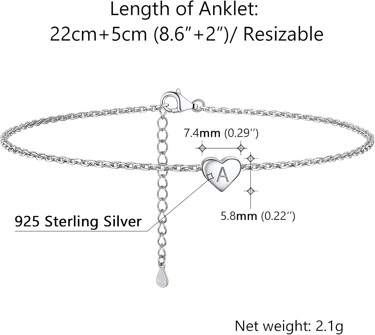 PROSILVER Women Initial Anklet Sterling Silver Heart Ankle Bracelet A-Z Letter, Adjustable Foot Chain for Beach Summer with Gift Box
