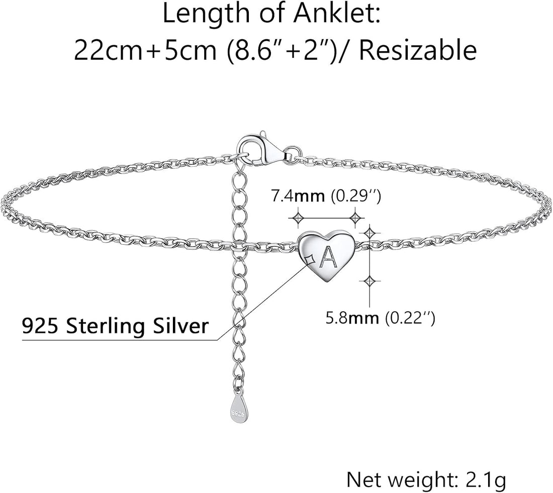 PROSILVER Women Initial Anklet Sterling Silver Heart Ankle Bracelet A-Z Letter, Adjustable Foot Chain for Beach Summer with Gift Box