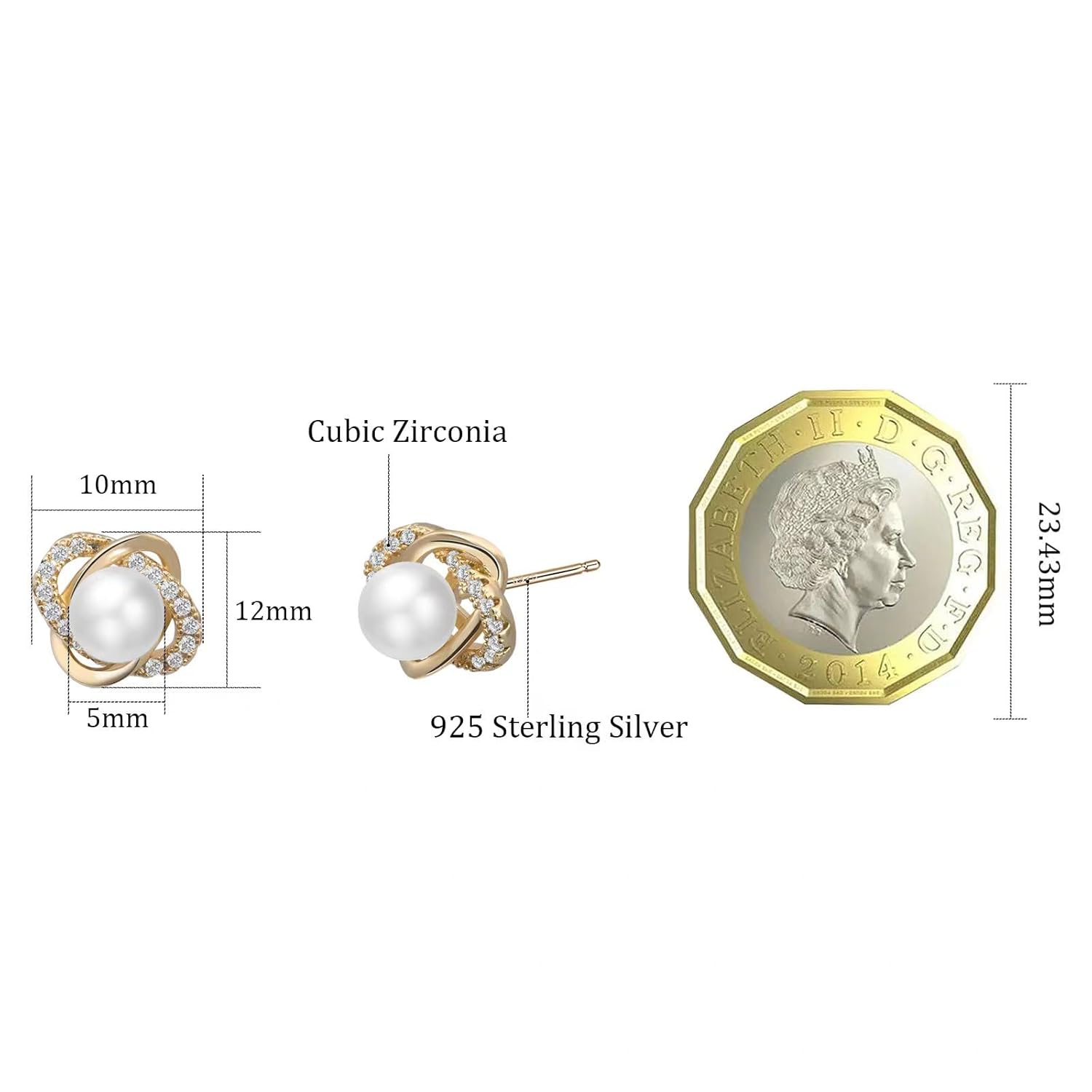 Weviway Gold Pearl Stud Earrings for Women, 925 Sterling Silver Stud Earrings with Cubic Zirconia, Handmade Pearl Jewellery for Gift
