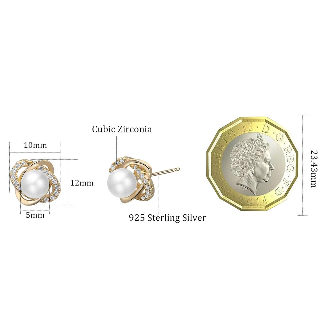 Weviway Gold Pearl Stud Earrings for Women, 925 Sterling Silver Stud Earrings with Cubic Zirconia, Handmade Pearl Jewellery for Gift