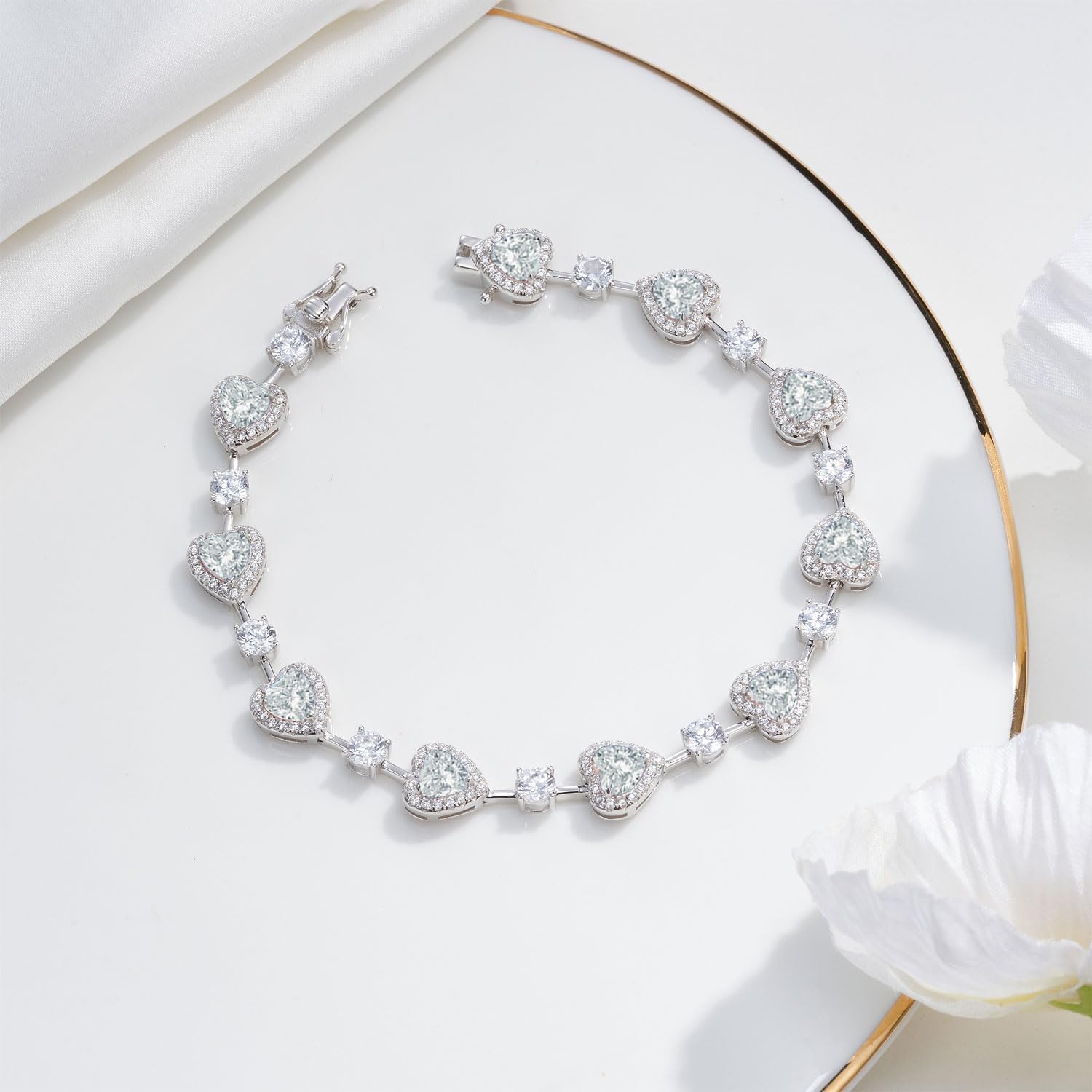 Sterling Silver Tennis Bracelet Birthstone Bracelets for Women, Fine Jewellery Heart Gemstone Birthstone Charm Birthday Anniversary Jewellery Gifts for Women Mothers, 18CM