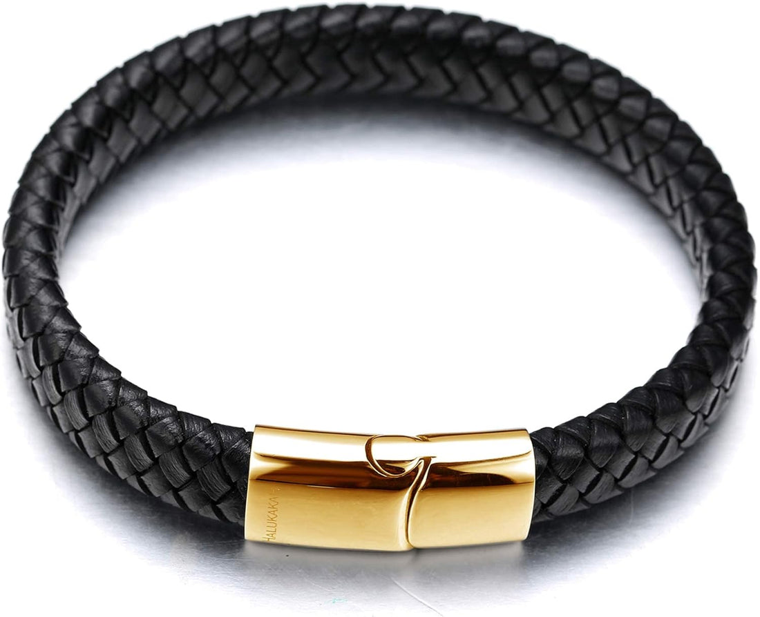 HALUKAKAH Kids Jewelry ? Solo Junior ? Leather Bracelet in Classic Black/Brown,for 6 to 15-Year-Olds,Featuring Exquisite Golden/Silver/Black Titanium Magnetic Clasp,Size 7+0.7"(18+1.5cm),with Giftbox