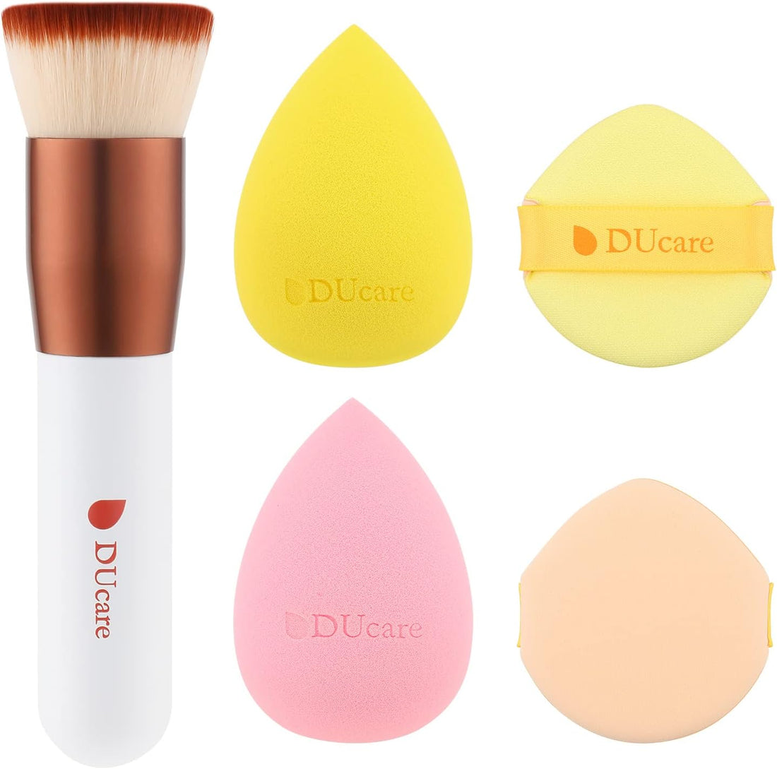 DUcare 4Pcs & 1Pc Makeup Sponges Foundation Brushes - Ideal For Flawless Makeup, Non-latex Blender Beauty Powder Puffs Kabuki Flat Top Face Brush