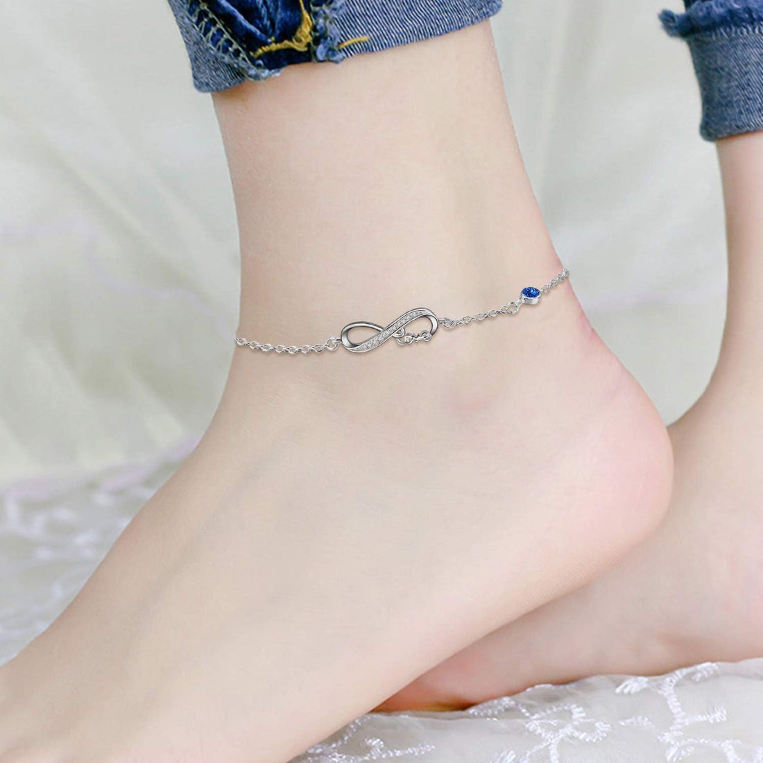 Infinity Ankle Bracelet for Women, 925 Sterling Silver Charm Adjustable Anklet 9+2''