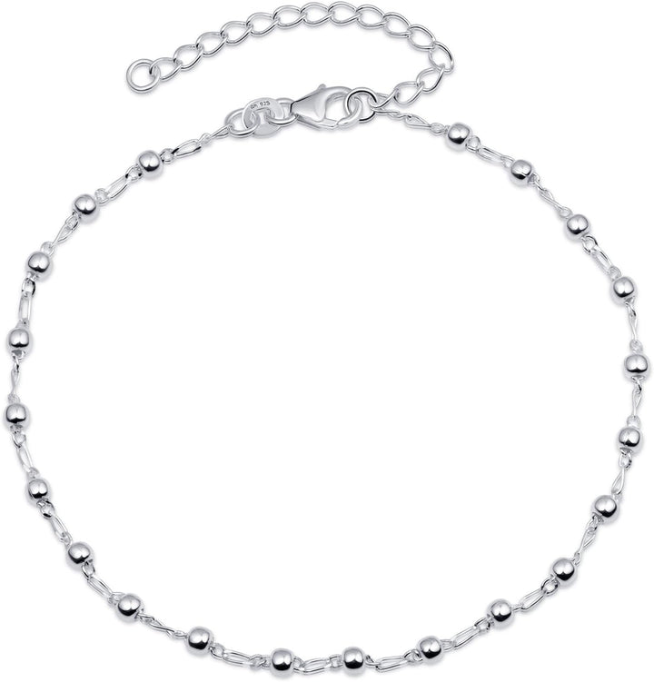 Amberta Italian Sterling Silver Anklet for Women 925 | Adjustable Ankle Bracelets for Women Beaded Heart Summer Jewellery