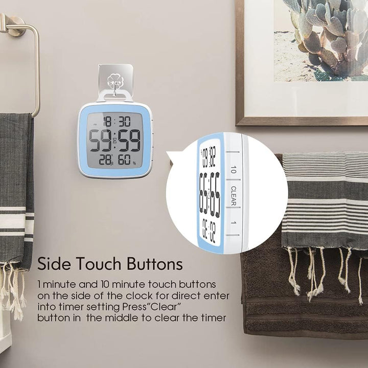 LXSZRPH Shower Clock Digital Kitchen Bathroom Countdown Timer, Waterproof for Water Splashes, Temperature Humidity Display, Standing Wall Clock for Shower Cooking Study Makeup Blue