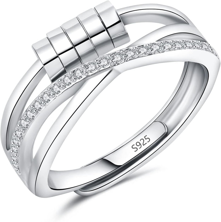 Kamise Silver Anxiety Ring, 925 Sterling Silver Fidget Ring for Anxiety Women, Adjustable Open Spinner Fidget Rings, Infinity Thumb Beads Rings Stress Rings for Worry Anxiety Relief