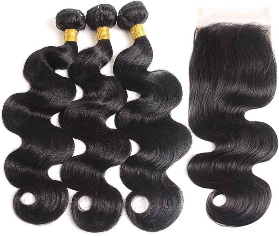 Vallbest Brazilian Body Wave Virgin Hair Bundles with Transparent Lace Closure (18 20 22+16) Remy Human Hair Body Wave 3 Bundles Hair Extension with 4x4 Lace Closure Hair Extensions