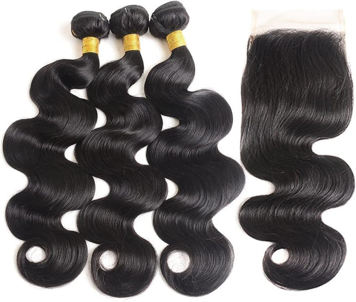 Vallbest Brazilian Body Wave Virgin Hair Bundles with Transparent Lace Closure (18 20 22+16) Remy Human Hair Body Wave 3 Bundles Hair Extension with 4x4 Lace Closure Hair Extensions