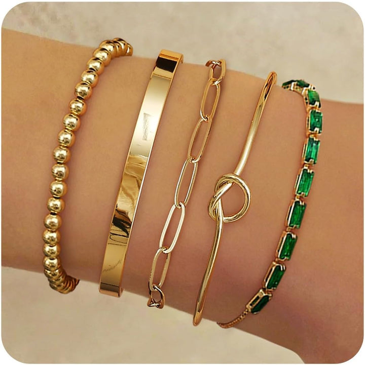 LOLIAS 5 Pcs Gold Bracelets for Women 14k Real Gold Bangle Cuff Bracelet Set Hypoallergenic Gold Beaded Paperclip CZ Tennis Cuban Chain Bracelet Stacking Bracelets Gold Jewellery for Women