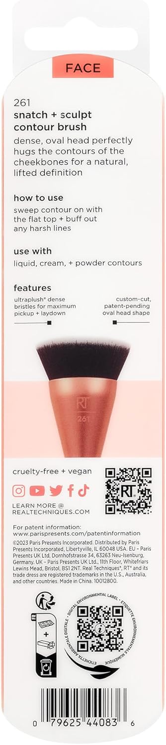 Real Techniques Snatch + Sculpt Contour Makeup Brush, For Liquid and Cream Contour and Bronzer, Flat Top and Oval Head For Blending and Buffing, Dense,1 Count
