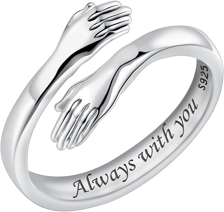 925 Sterling Silver Hug Rings for Women, I Love You Forever Love You Mother Gift Sister Gifts Engraved Words Hugging Hands Open Ring Friendship Jewelry Gift