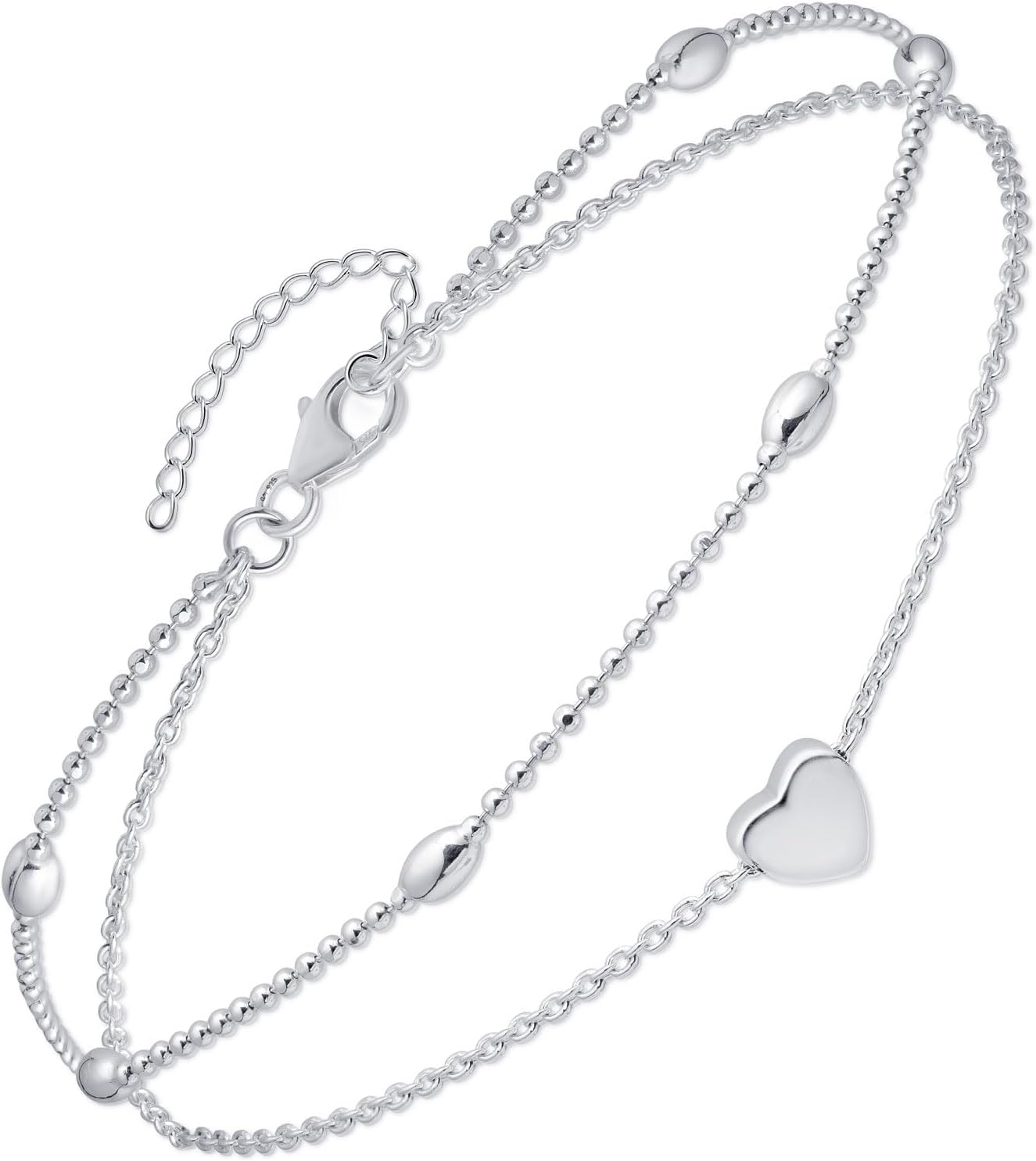 Amberta Italian Sterling Silver Anklet for Women 925 | Adjustable Ankle Bracelets for Women Beaded Heart Summer Jewellery