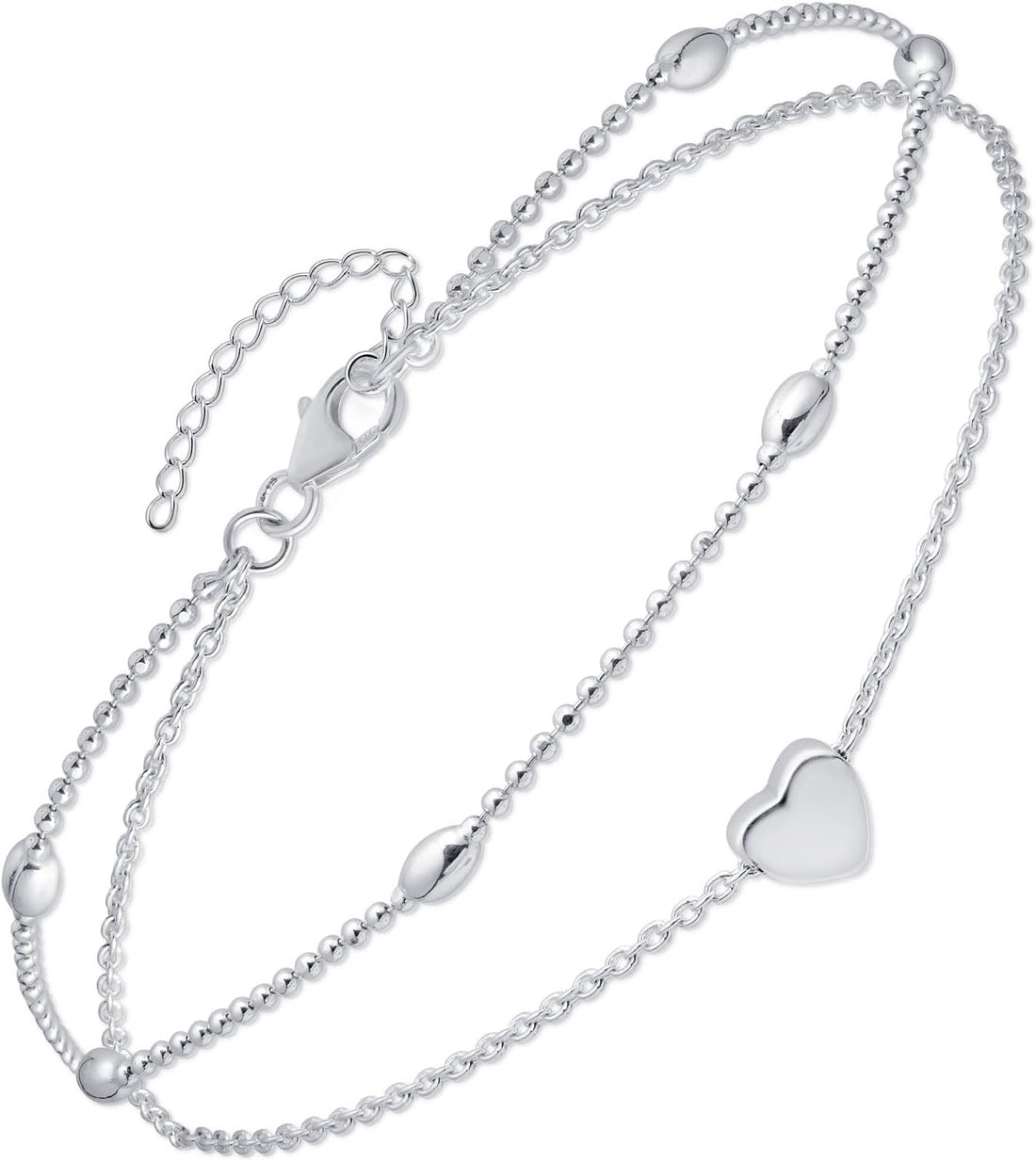 Amberta Italian Sterling Silver Anklet for Women 925 | Adjustable Ankle Bracelets for Women Beaded Heart Summer Jewellery