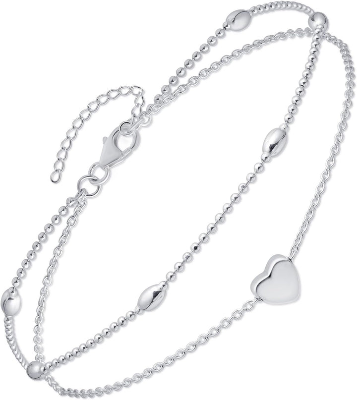 Amberta Italian Sterling Silver Anklet for Women 925 | Adjustable Ankle Bracelets for Women Beaded Heart Summer Jewellery