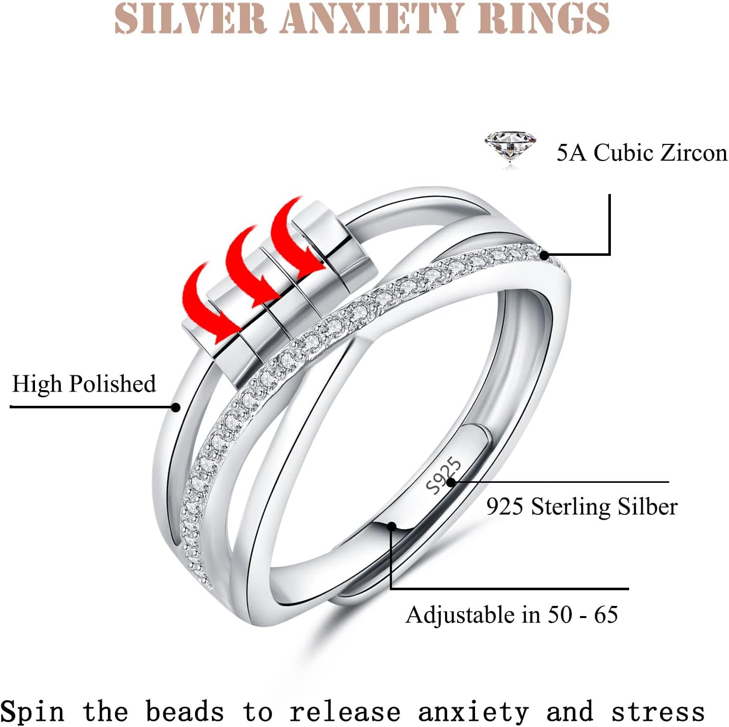 Kamise Silver Anxiety Ring, 925 Sterling Silver Fidget Ring for Anxiety Women, Adjustable Open Spinner Fidget Rings, Infinity Thumb Beads Rings Stress Rings for Worry Anxiety Relief