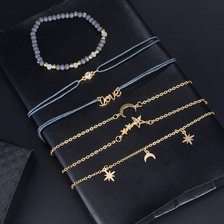 Star and Moon Personalized Pendant, Set of 6 Grey Bead Bracelets