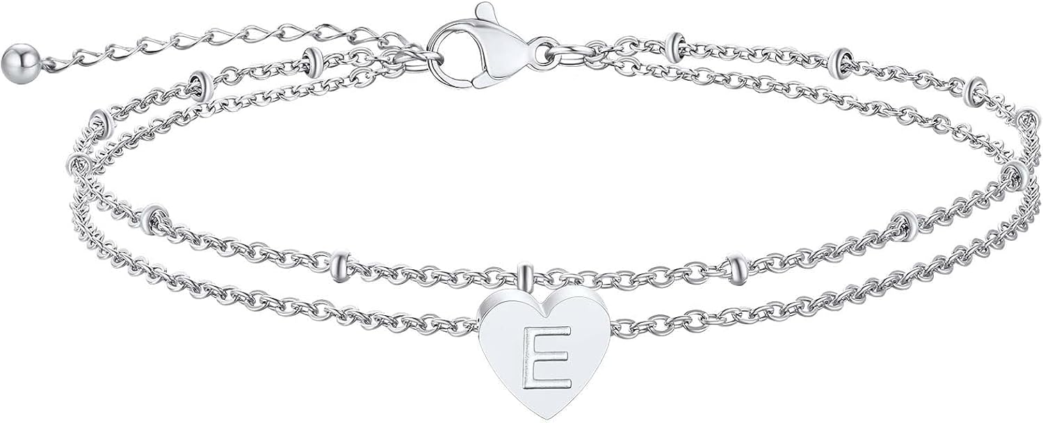 ChainsPro Women Initial Anklet, Heart Anklets for Women, A-Z Letter Ankle Bracelets Double-Layer, Adjustable Silver/Gold Plated Foot Chain Summer Beach