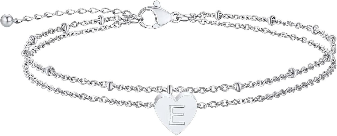 ChainsPro Women Initial Anklet, Heart Anklets for Women, A-Z Letter Ankle Bracelets Double-Layer, Adjustable Silver/Gold Plated Foot Chain Summer Beach