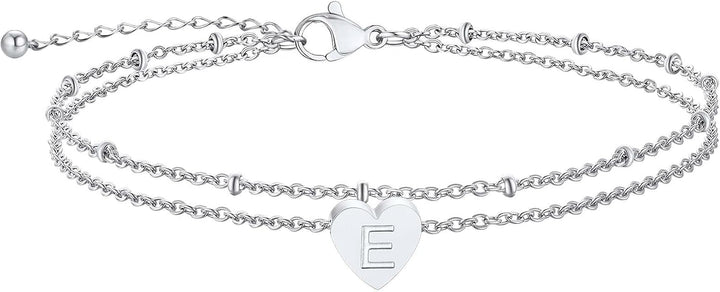 ChainsPro Women Initial Anklet, Heart Anklets for Women, A-Z Letter Ankle Bracelets Double-Layer, Adjustable Silver/Gold Plated Foot Chain Summer Beach