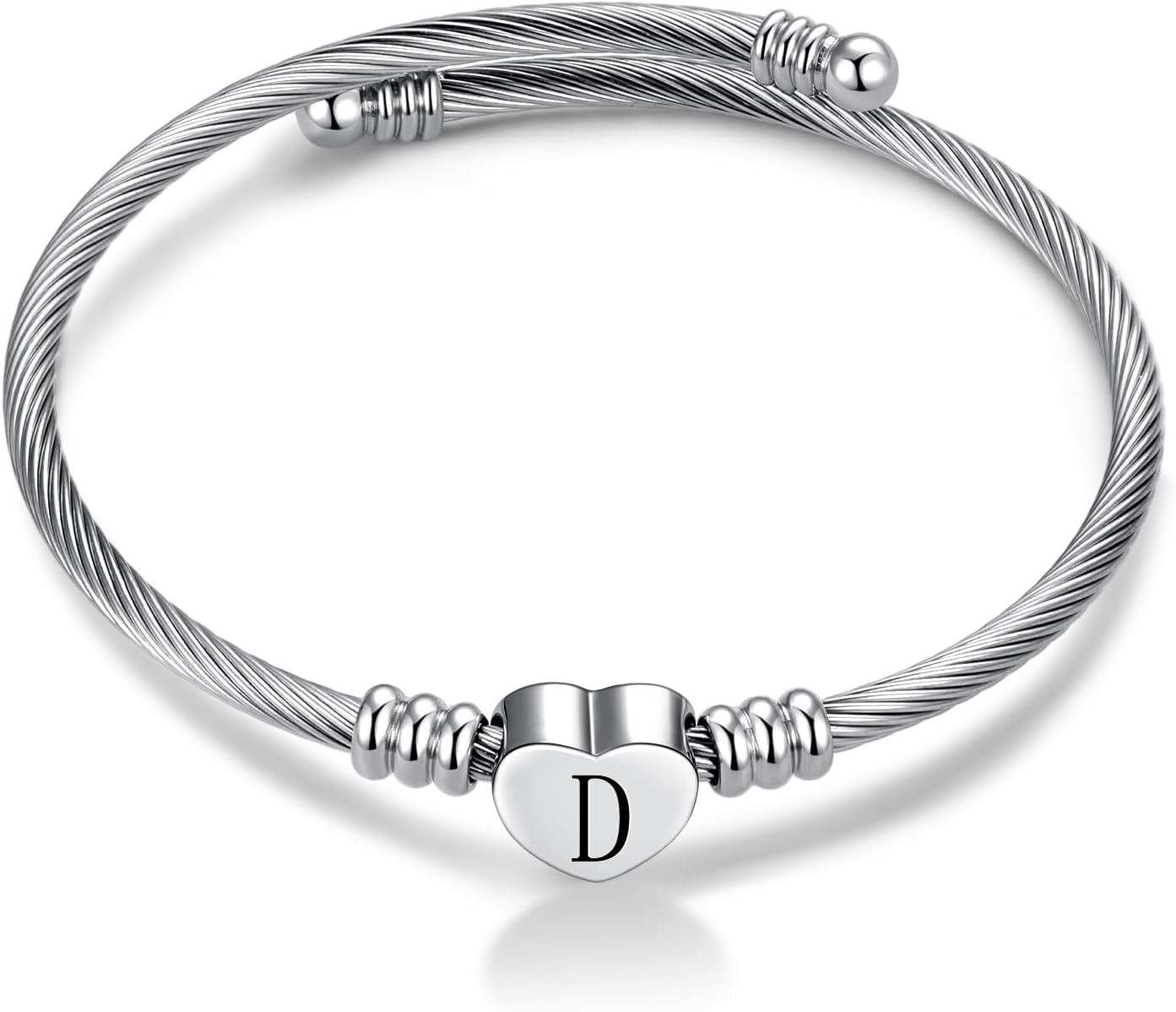 FGT Silver A-Z Initial Heart Letter Cuff Bangle Bracelets for Women Name Family Birthday Christmas Stainless Steel Alphabet