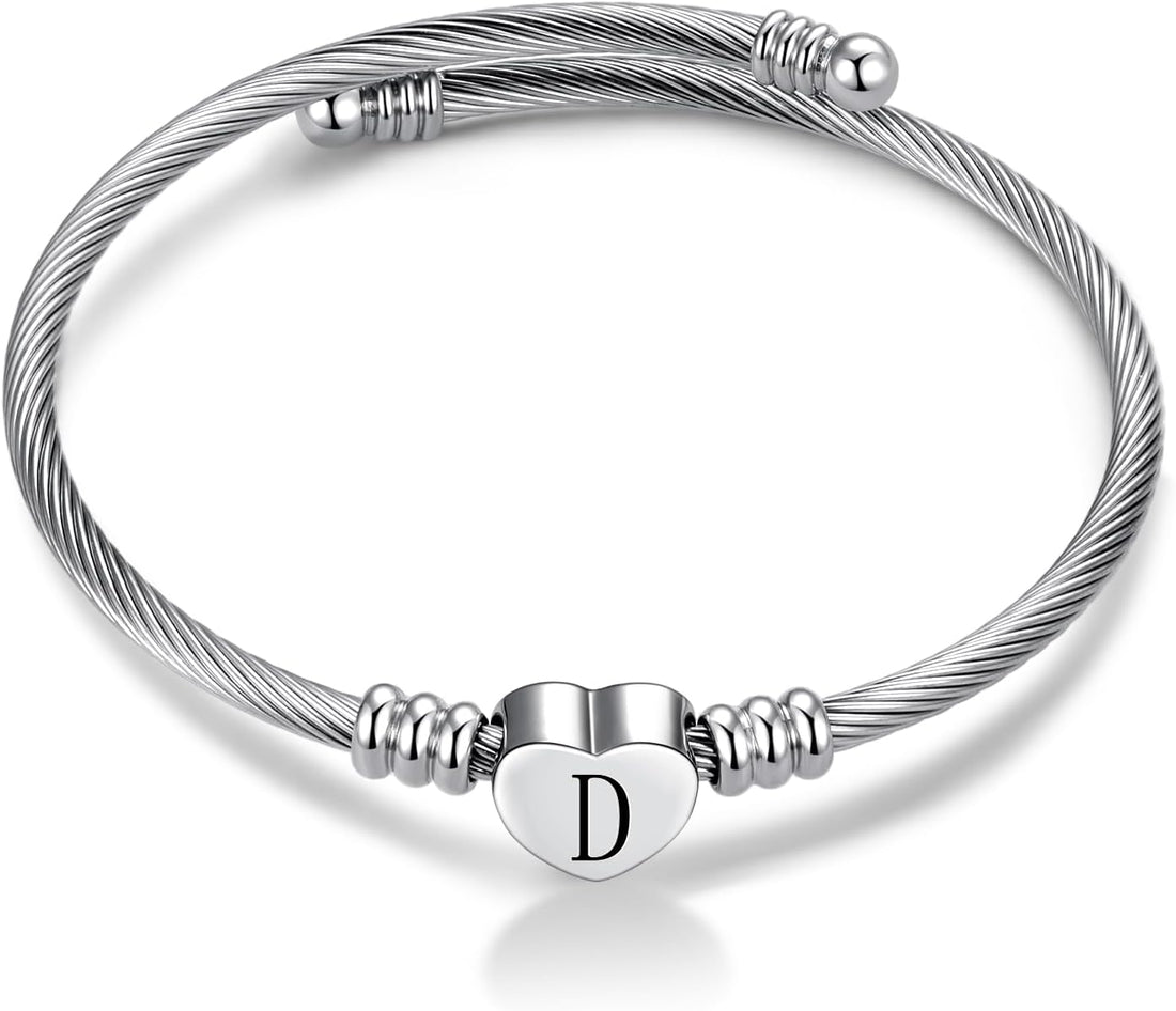 FGT Silver A-Z Initial Heart Letter Cuff Bangle Bracelets for Women Name Family Birthday Christmas Stainless Steel Alphabet
