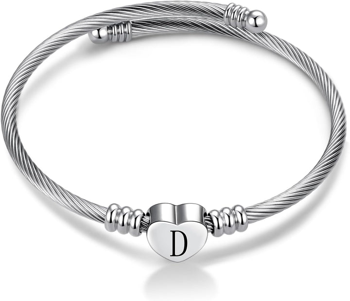 FGT Silver A-Z Initial Heart Letter Cuff Bangle Bracelets for Women Name Family Birthday Christmas Stainless Steel Alphabet