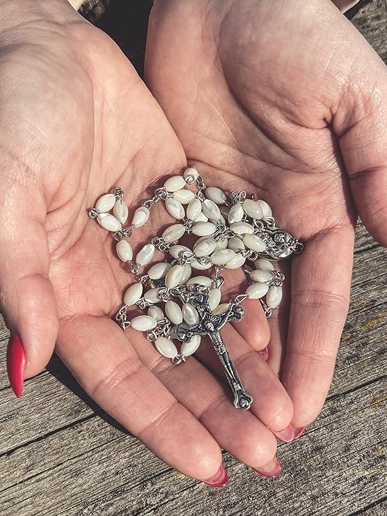 Nazareth Store Mother of Pearl Beads Rosary Natural Shell Beaded Necklace Holy Soil Medal & Cross Crucifix Bethlehem Handcrafted Chaplet