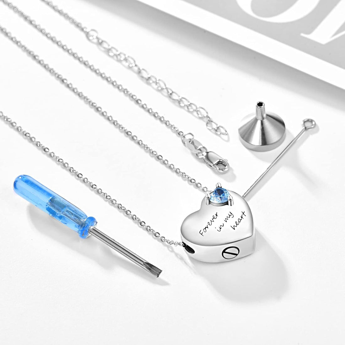 KINGWHYTE Ashes Necklace for Women 925 Sterling Silver Heart Urn Necklace for Ashes with Blue Love Zircon Forever in My Heart Cremation Jewellery Funnel Kit for Ladies Men