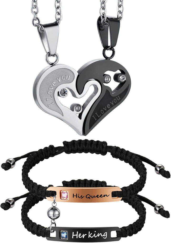 Cupimatch 4pcs His Queen Her King Couple Braided Rope Bracelet I Love You Rhinestone Heart Puzzle Matching Pendant Necklace His and Hers Jewelry Set