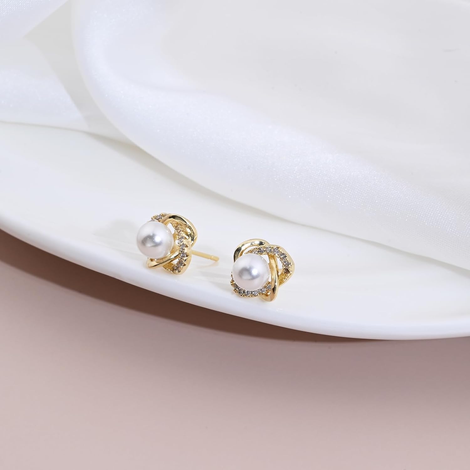 Weviway Gold Pearl Stud Earrings for Women, 925 Sterling Silver Stud Earrings with Cubic Zirconia, Handmade Pearl Jewellery for Gift