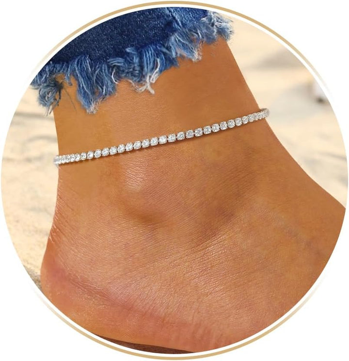 HUABOLA CALYN Ankle Bracelets for Women, Stainless Steel Waterproof Women's Anklets with Zirconia, Tennis Anklet Jewelry Gift for Beach Summer