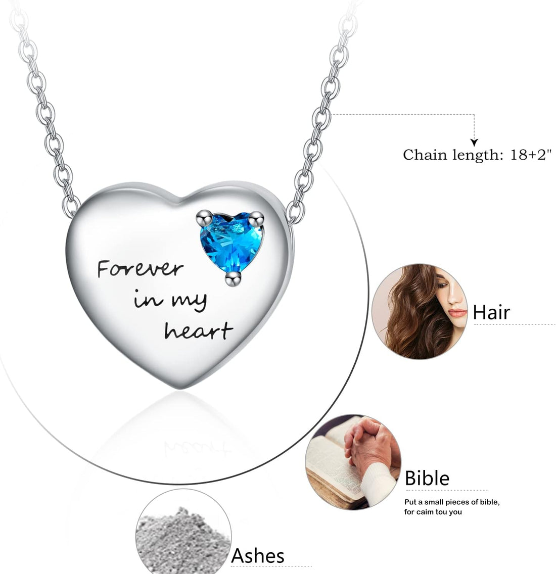 KINGWHYTE Ashes Necklace for Women 925 Sterling Silver Heart Urn Necklace for Ashes with Blue Love Zircon Forever in My Heart Cremation Jewellery Funnel Kit for Ladies Men