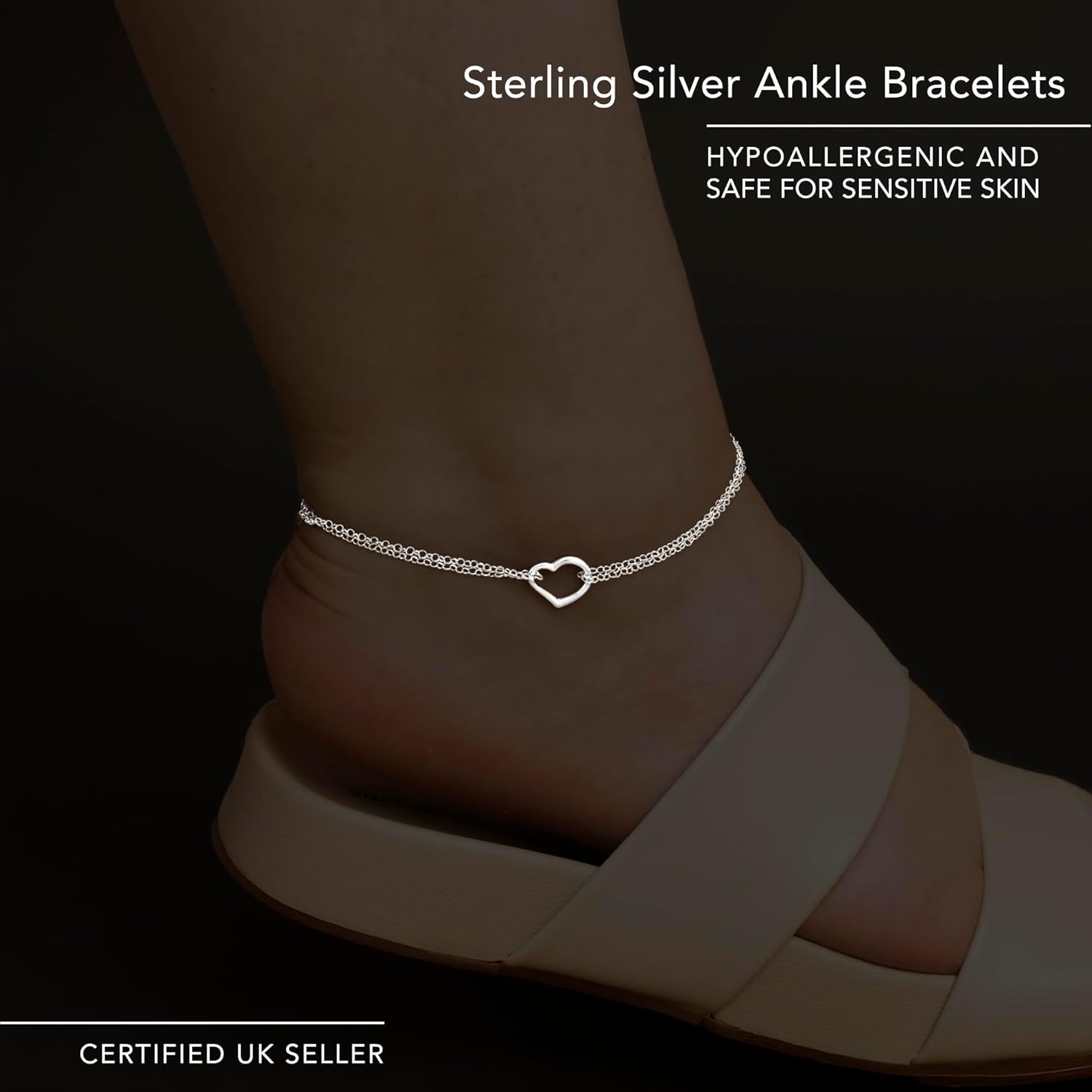 Amberta Italian Sterling Silver Anklet for Women 925 | Adjustable Ankle Bracelets for Women Beaded Heart Summer Jewellery