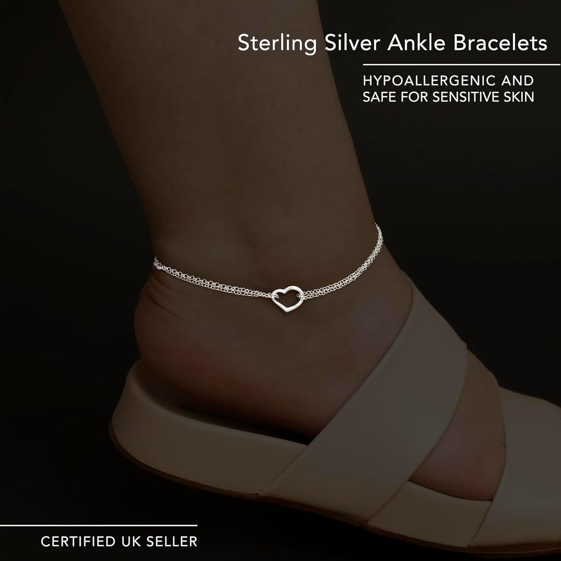 Amberta Italian Sterling Silver Anklet for Women 925 | Adjustable Ankle Bracelets for Women Beaded Heart Summer Jewellery