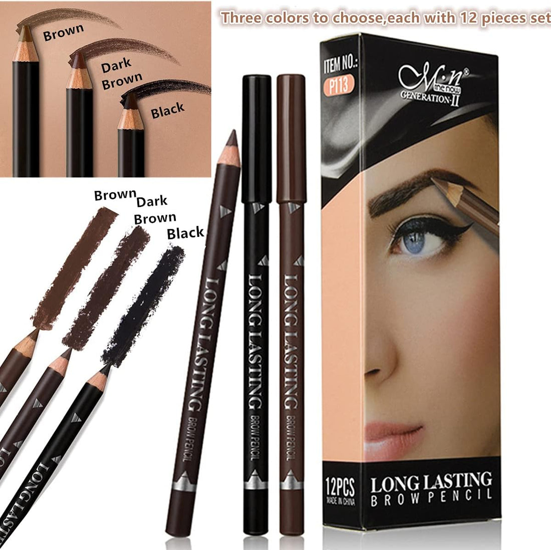 Go Ho 12 PCS Brown Eyebrow Eyeliner Pencil Set, Waterproof Eyebrow Pencil,Long-lasting Sweat-proof Eyeliner Makeup Brow Tint Pen(Dark Brown)