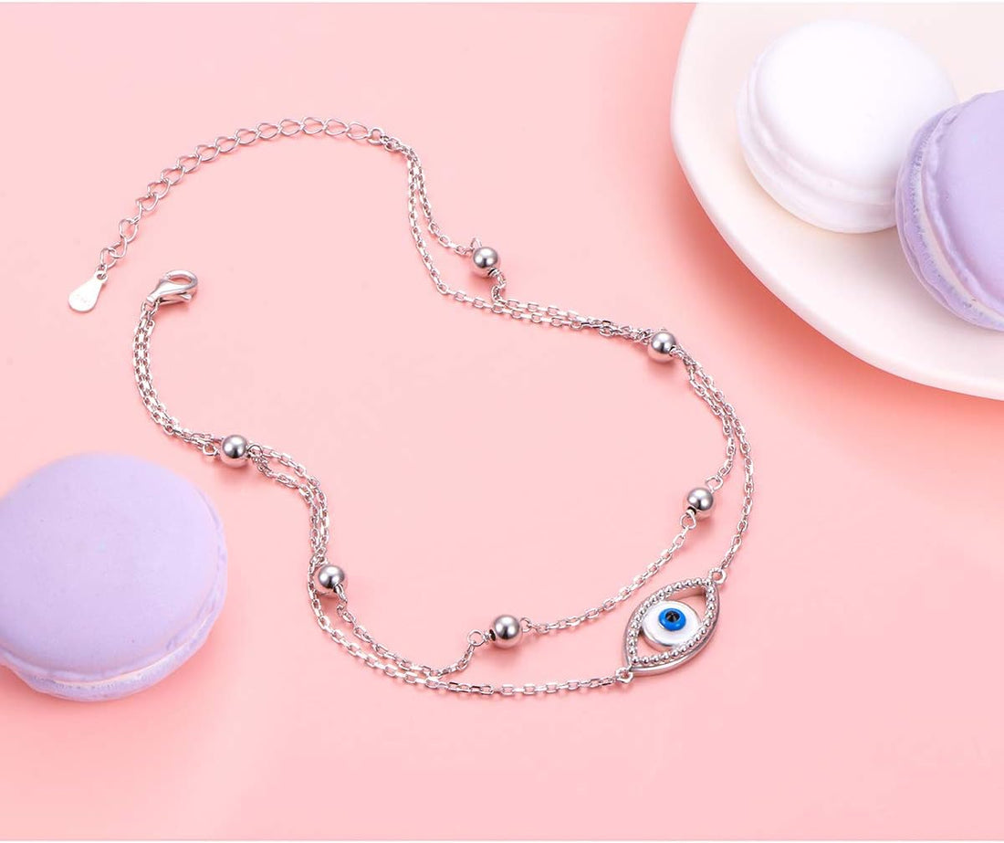 S925 Sterling Silver Evil Eye Hamsa Hand/Butterfly/Cross/Celtic Knot/Infinity/Heart Anklets for Women Girls, Adjustable 9 10 11 Inches Foot Chain Jewelry