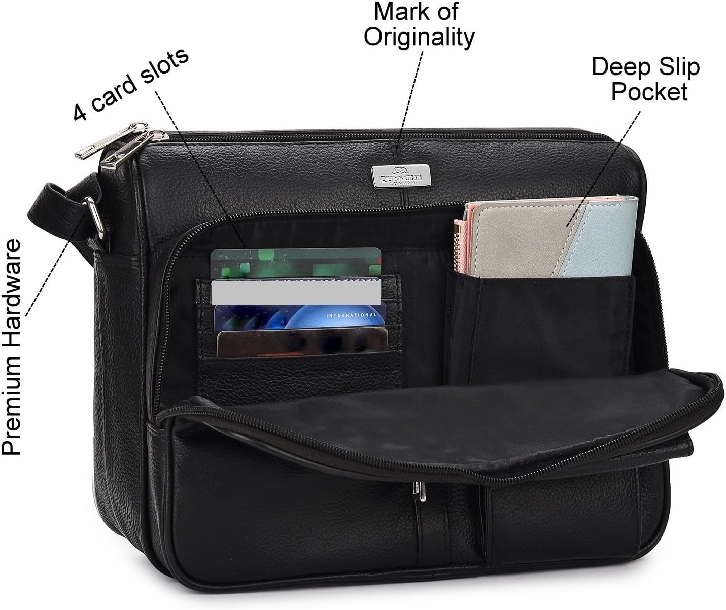 Quenchy London Ladies Real Leather Handbag - Cross Body Shoulder Hand Bag with 6 Pockets – Large Phone Holder – Single Adjustable Across Chest Strap - Designer Satchel Side Style - QL189M