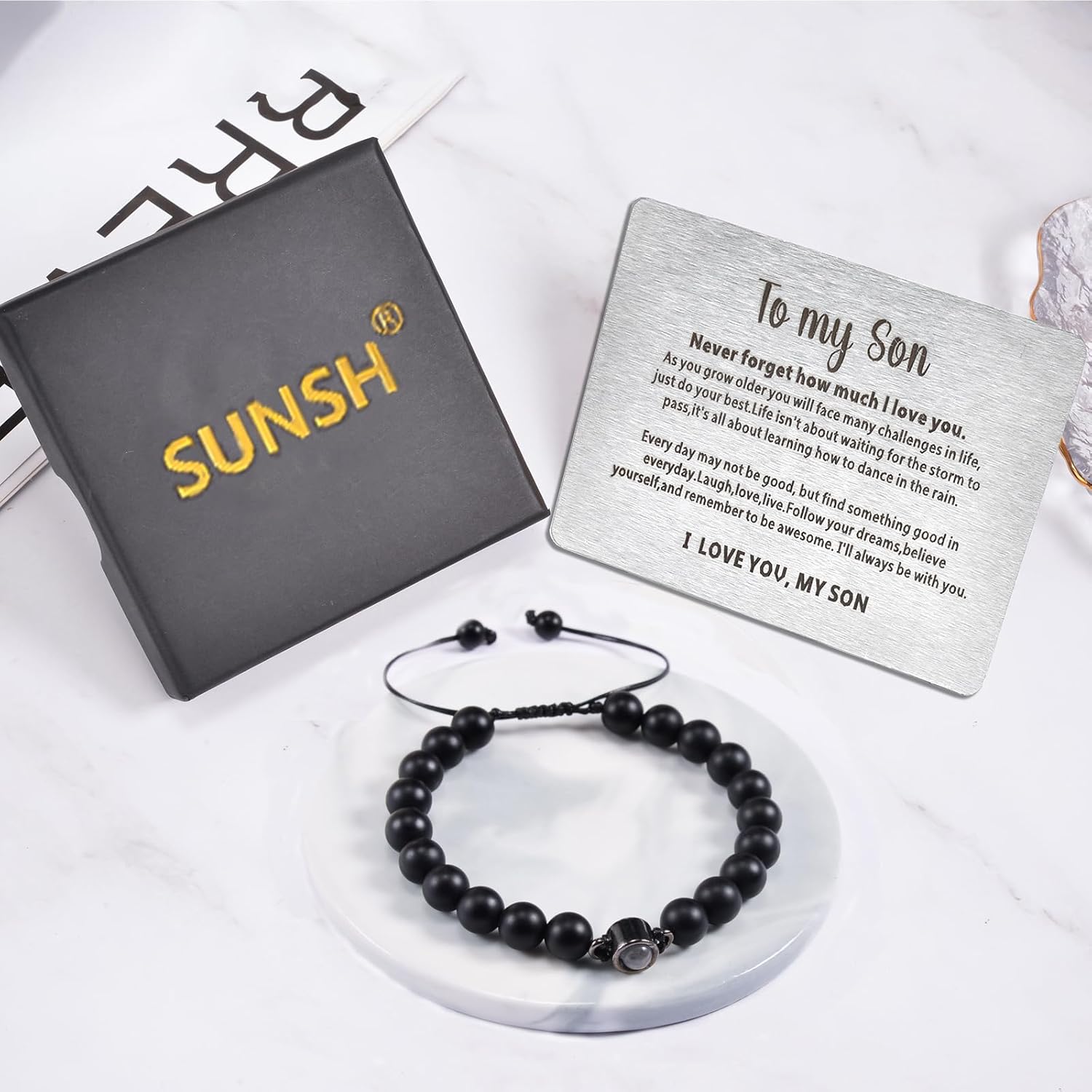 SUNSH Father's Day Gift, Dad Bracelet, Gift for Dad, Mens Bracelets,Father's Day/Thanksgiving/Birthday Gift, I Love You in 100 Languages Projected Stone Bracelet, Personalised Gifts