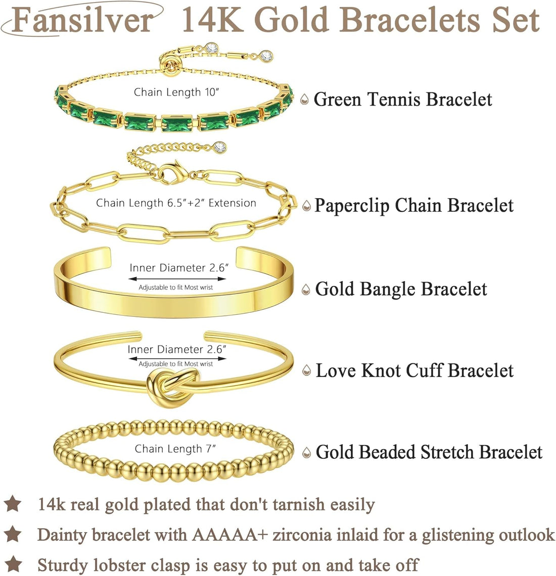 LOLIAS 5 Pcs Gold Bracelets for Women 14k Real Gold Bangle Cuff Bracelet Set Hypoallergenic Gold Beaded Paperclip CZ Tennis Cuban Chain Bracelet Stacking Bracelets Gold Jewellery for Women