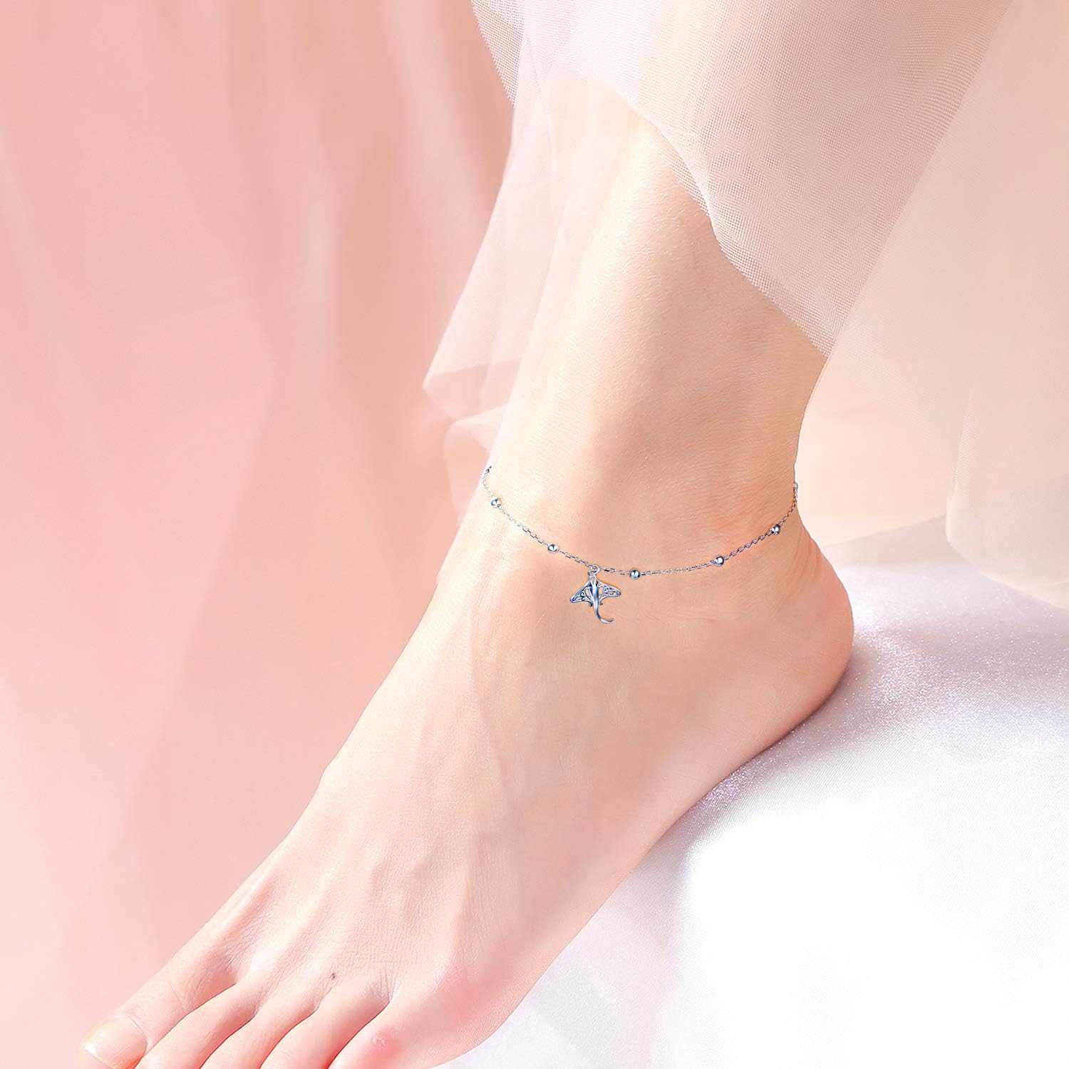 DAOCHONG Anklet for Women S925 Sterling Silver Adjustable Foot Beaded Heart Charm Ankle Bracelet Anklets Jewelry