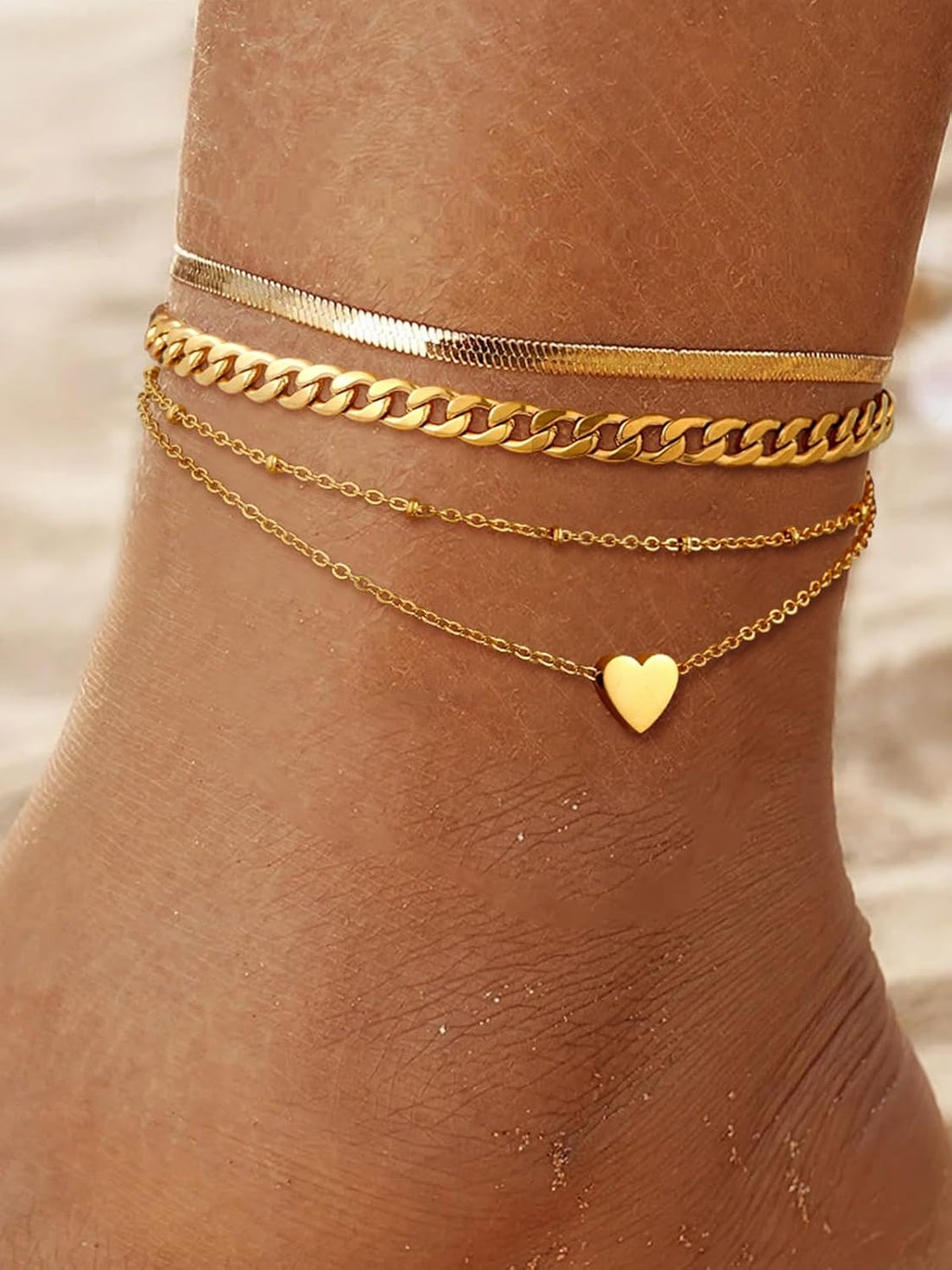 FOCALOOK Adjustable Layered Anklets for Women Summer Bracelets Waterproof Stainless Steel Ankle Bracelets Beach Foot Chains 8.5-10.5inch