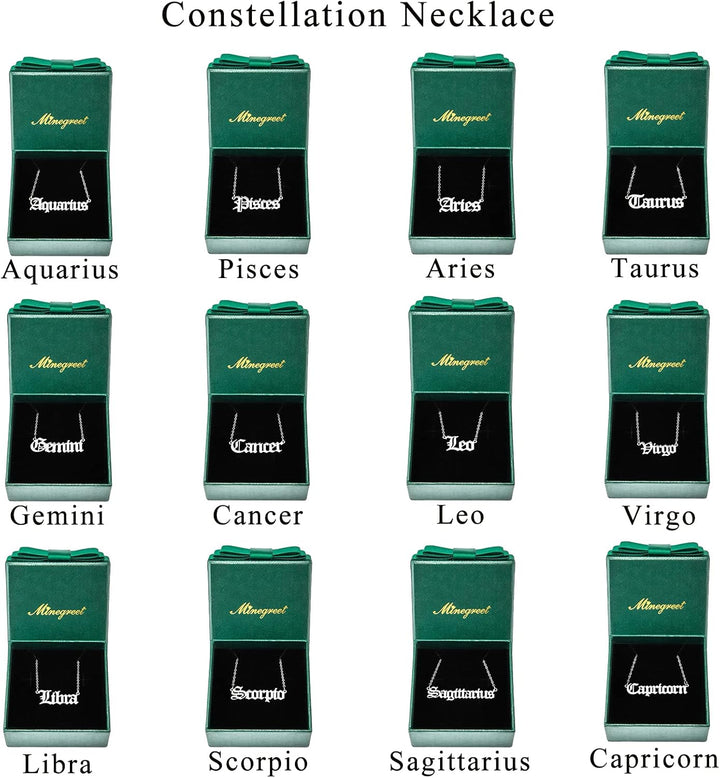 Minegreet Old English Zodiac Necklace for Women, Horoscope Birth Star Sign Letter Astrology Constellation Necklace Birthday Gift
