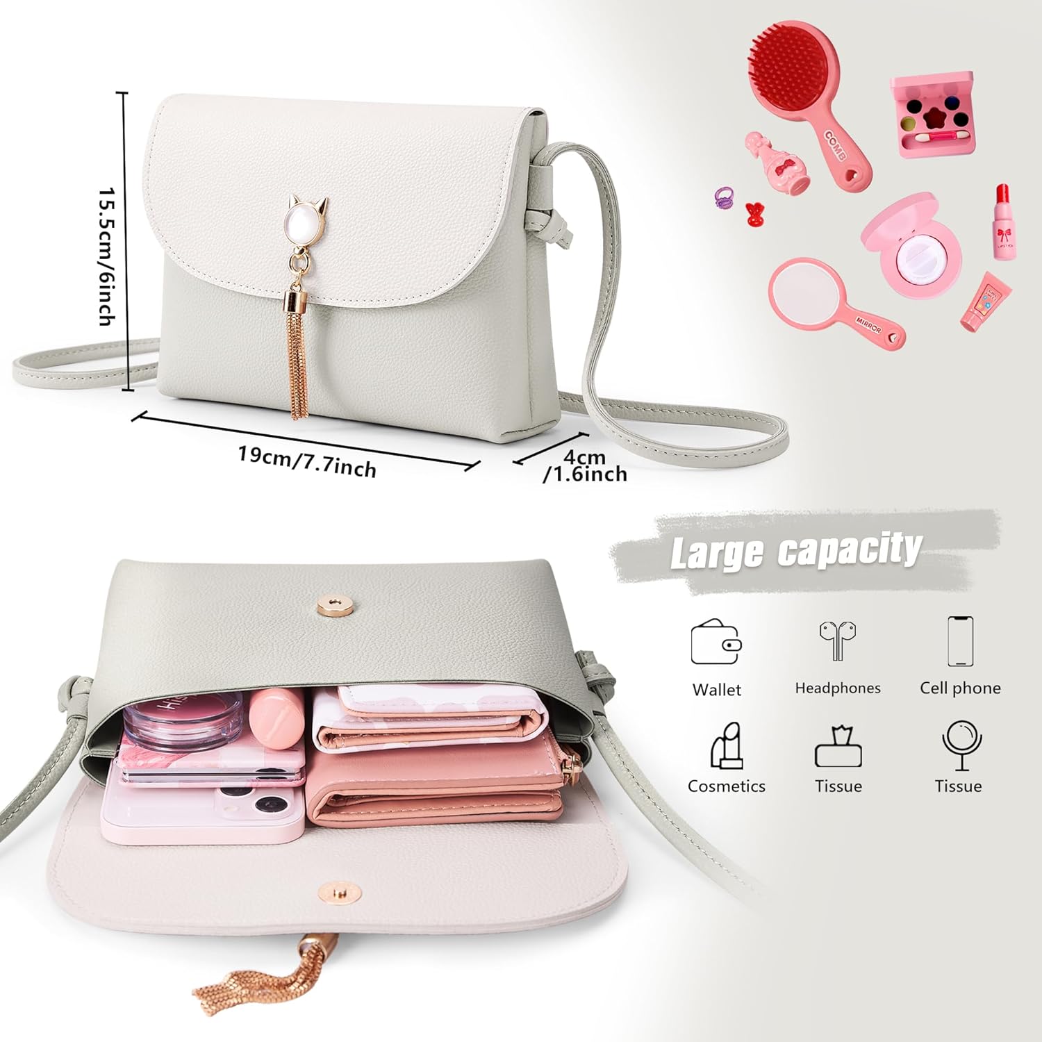 KALIDI Small Crossbody Shoulder Bag Purse with Cute Cat Shape Tassels PU Leather Cross Body Phone Handbags for Girls Ladies