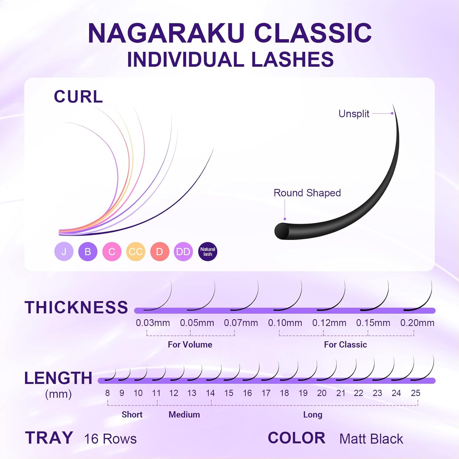 NAGARAKU Extension Eyelash Supplies Classic 1:1 Lashes Individual Volume Lash Extensions Soft Single Eyelashes Natural Semi Permanent Eyelashes Matte Black 16 Rows (0.03mm D Curl 8mm)