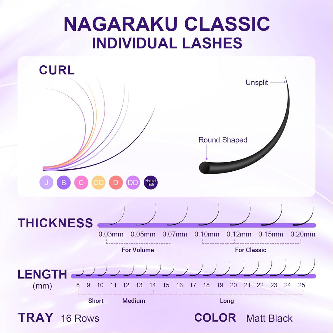NAGARAKU Extension Eyelash Supplies Classic 1:1 Lashes Individual Volume Lash Extensions Soft Single Eyelashes Natural Semi Permanent Eyelashes Matte Black 16 Rows (0.03mm D Curl 8mm)